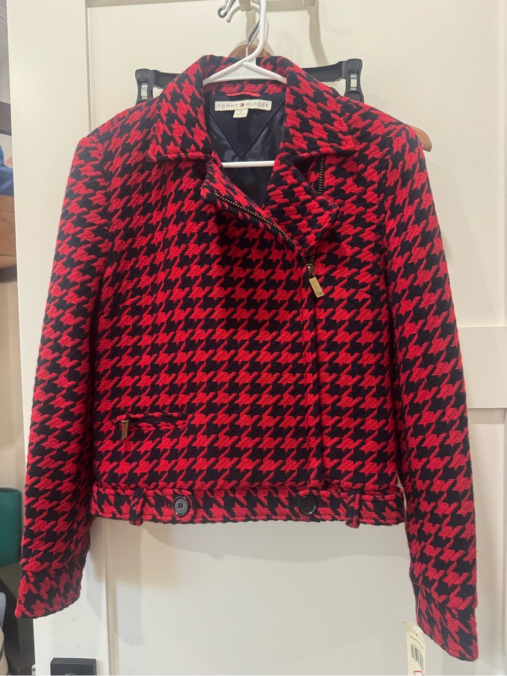 NWT Vintage 2004 Tommy Hilfiger Red & Black Houndstooth Wool Blend Jacket Size 4